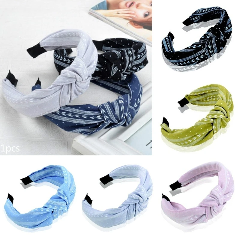 

New Fabric Knotted Wide Print Leaves Hair Band Wash Face Convenient Fashion Bow Headband Headwear Hair Accessories