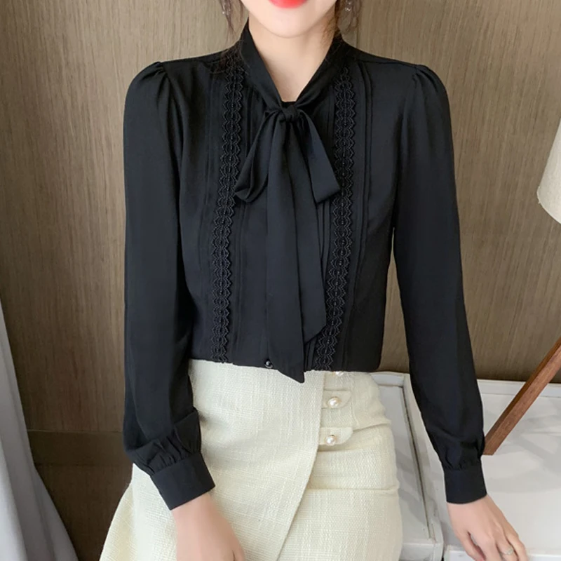 Женская шифоновая блузка с длинным рукавом элегантная кружевная бантом из ленты