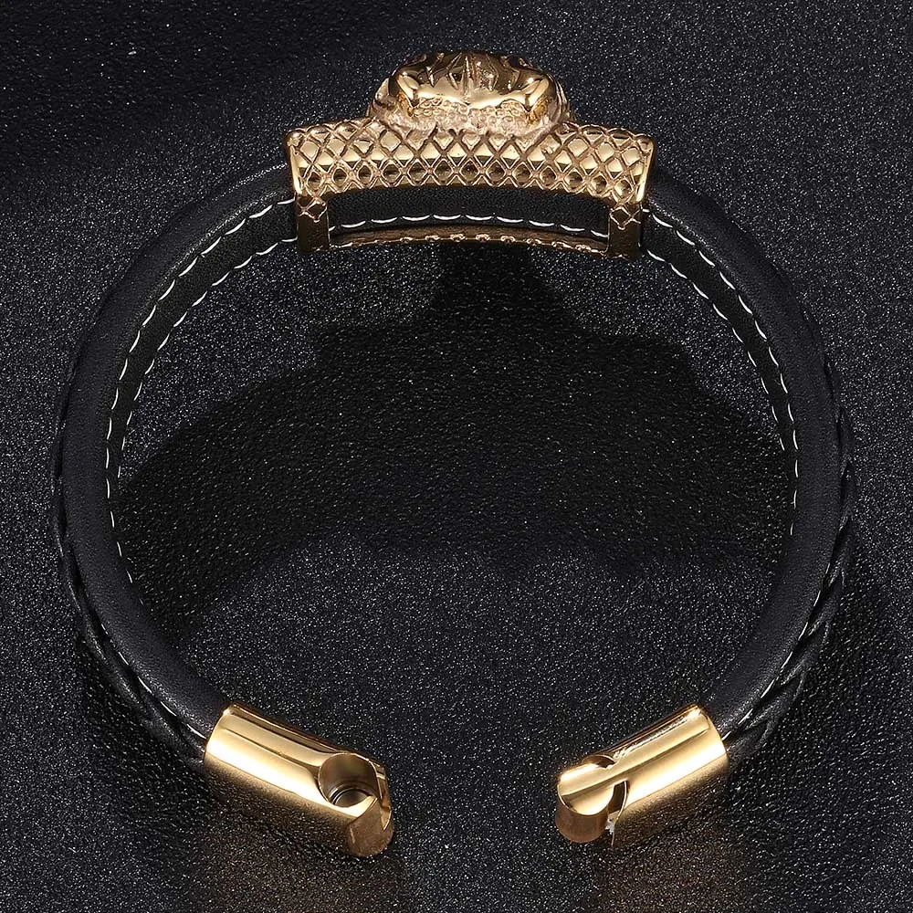 

Men's Gold Color Stainless Steel Wolf Head Black Leather Bracelet Nordic Viking Wolf Head Bracelet Punk Men Jewelry Gifts BB0890