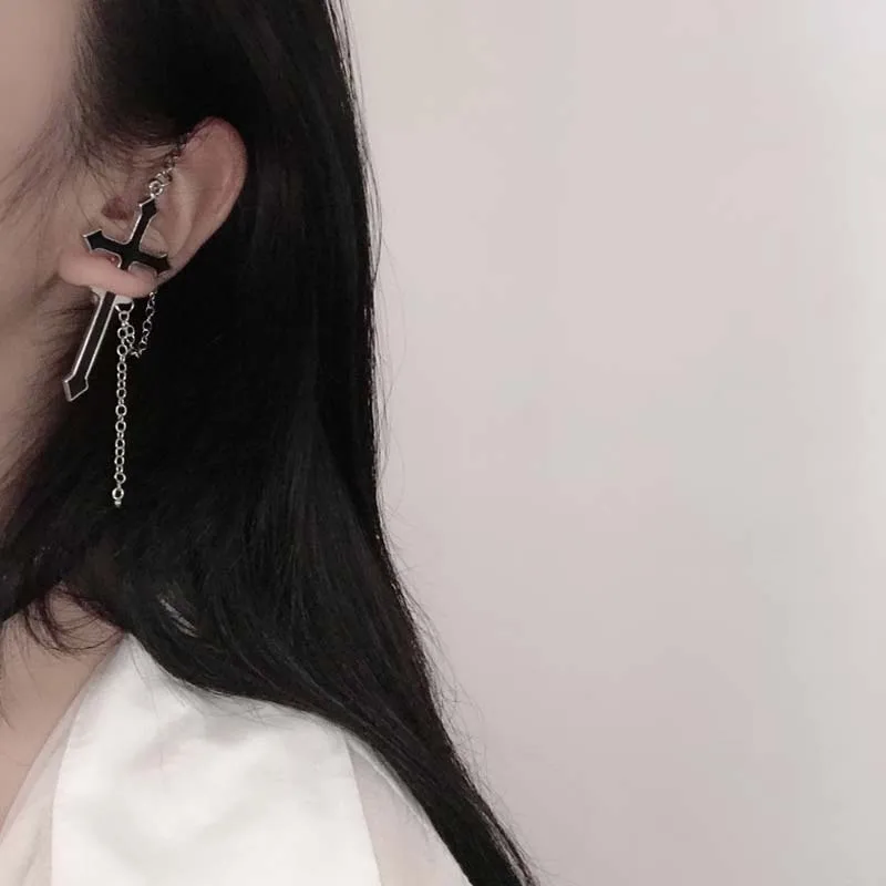 

New Fashion Earring Vintage Long Chain Party Punk Jewelry Gift Cross Zipper Drop Earrings for Women Cross Drop Earring for Women