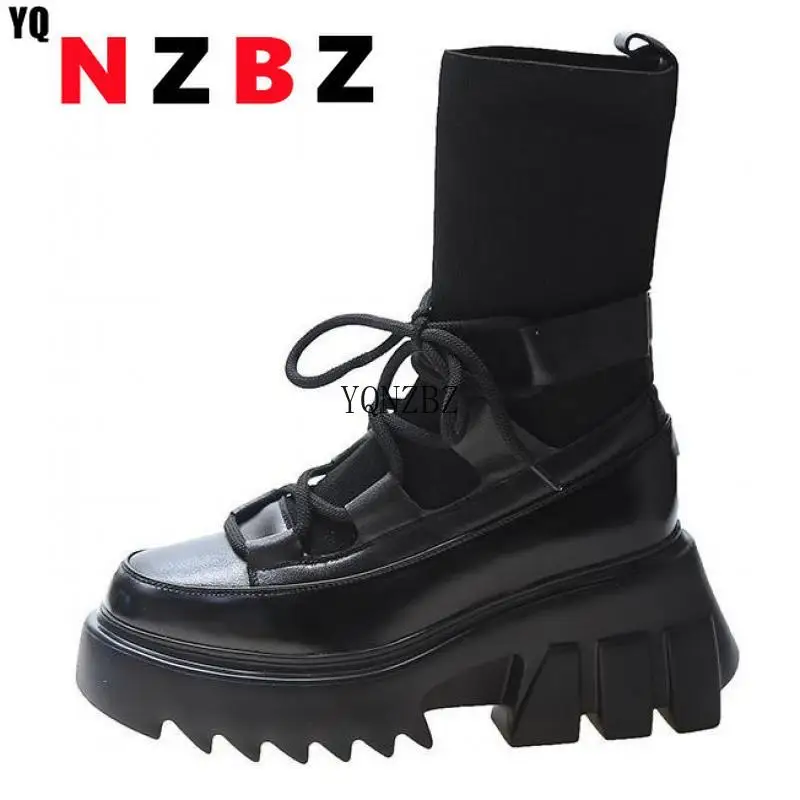 

Autumn Winter Black Short Boots New Women's Shoes 2021 INS Platform Boots for Women Chunky Heels Stretch Fabric