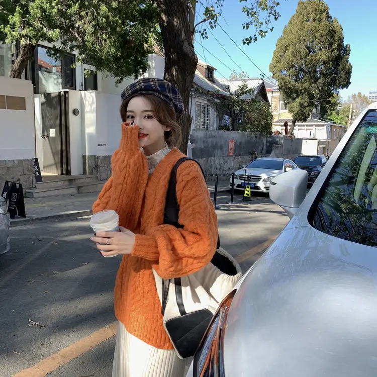 Женский вязаный пуловер с V-образным вырезом свитер зимний свободный - купить по