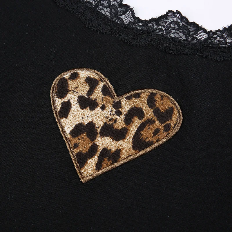

Waatfaak Y2K Sleeveless Crop Top Women Black Leopard Heart Patchwork Spaghetti Straps Top Backless Lace Basic Vintage Top Sexy