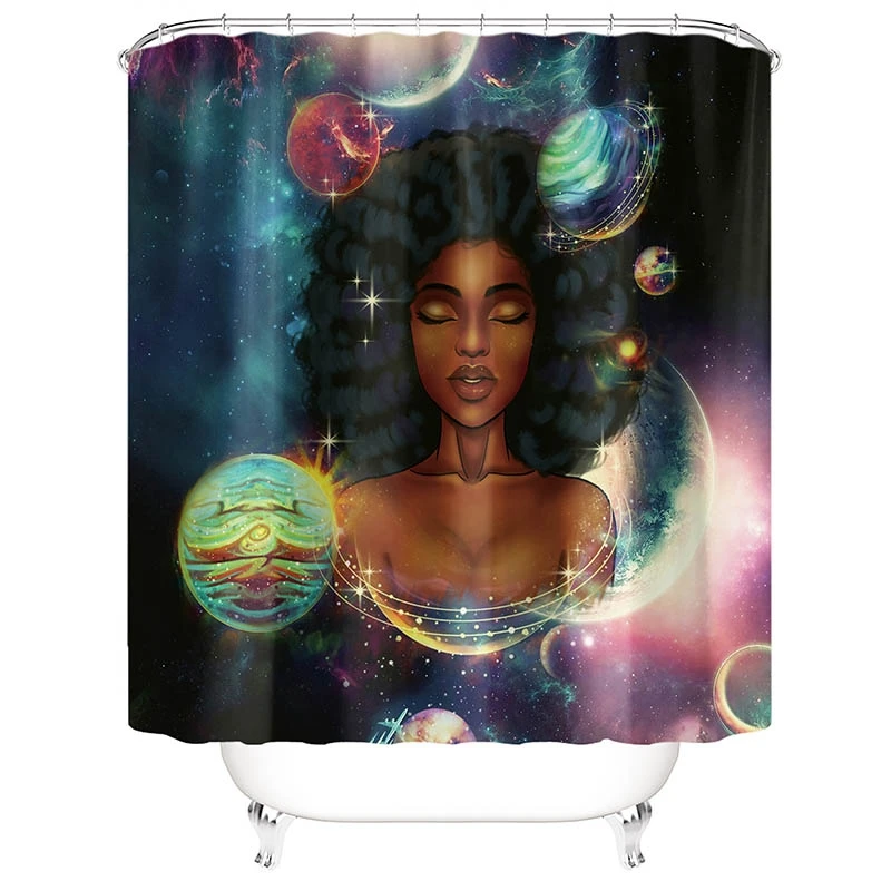 Space African Woman Print Shower Curtain Set Girl Polyester Bathroom Curtains Anti-Slip Bath Mats Carpets Rugs | Дом и сад