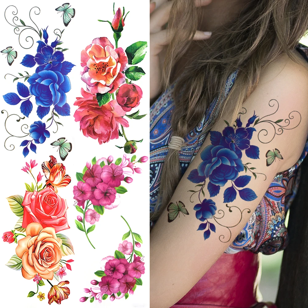 Blue Flower Temporary Tattoos For Women Girls Fake Peony Orchid Rose Tattoo Sticker Forearm Decoration Tatoo Paper Vine Planet