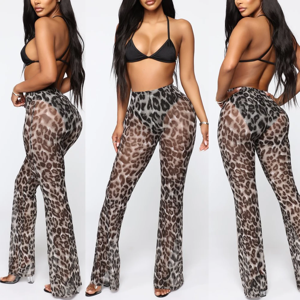 Новые женские леопардовые сексуальные пляжные сетчатые прозрачные расклешенные