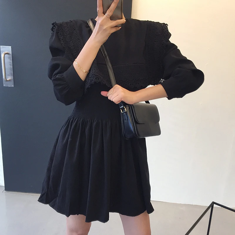 [EWQ] Новинка весны 2020 винтажное женское черное платье с длинным рукавом и