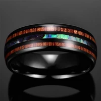 8mm fashion men rings simple stainless steel inlay wood abalone shell wedding rings party gift for men jewelry