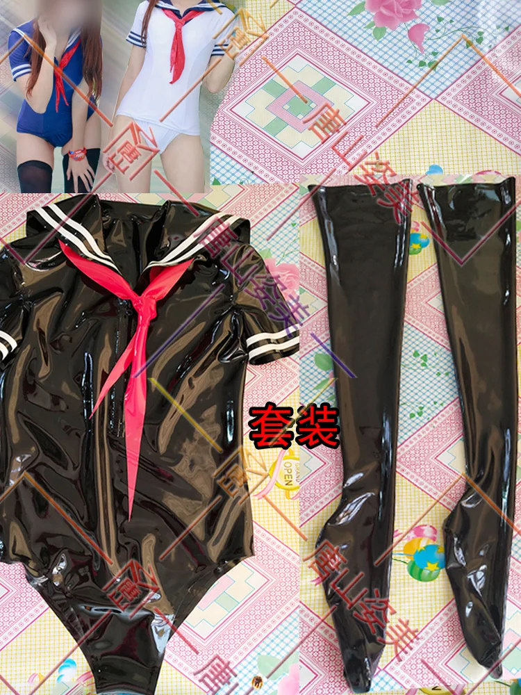 Женский латексный купальник kigurumi JK с красным шарфом и длинными чулками из