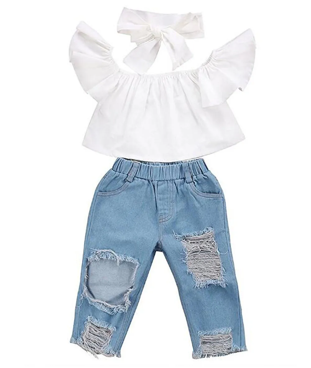 

2020 New Fashion Children Girls Clothes Off Shoulder Crop Tops White+ Hole Denim Pant Jean Headband 3PCS Toddler Kids Clothing