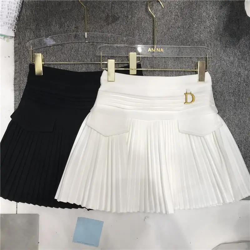 

Preppy Style White Pleated A Line Dance Mini Skirts Women 2022 New Spring Summer High Waist Pocket Stitching Puffy Short Skirt