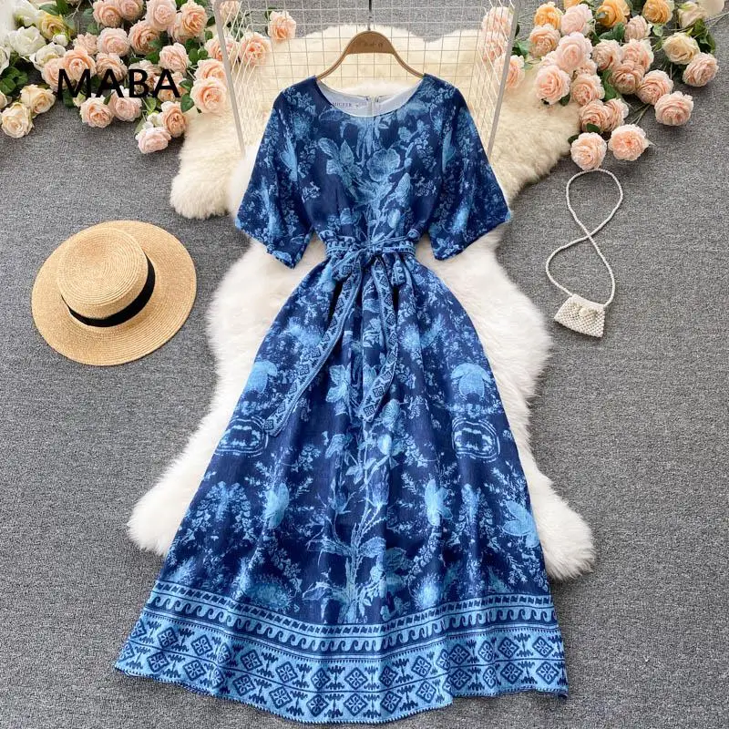 

Женское длинное платье с принтом, свободное синее платье-трапеция с О-образным вырезом, поясом и винтажным принтом, лето 2019