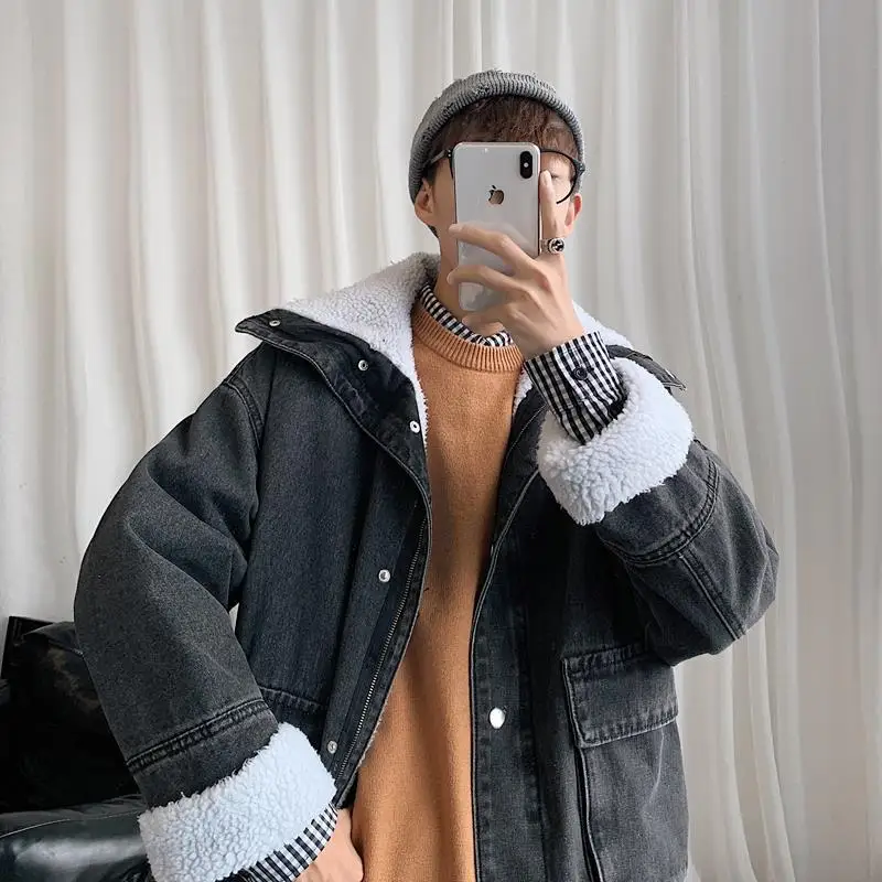 Зимнее пальто из ягненка Мужская трендовая куртка с бархатной подкладкой хлопка