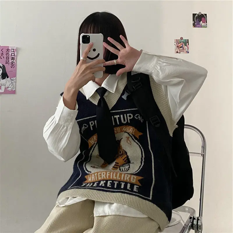 Женский винтажный свитер повседневный Свободный пуловер без рукавов в японском