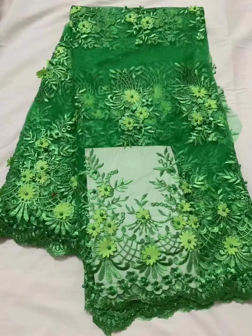 2020 зеленая африканская кружевная ткань с 3D цветами французская бисером Тюлевая