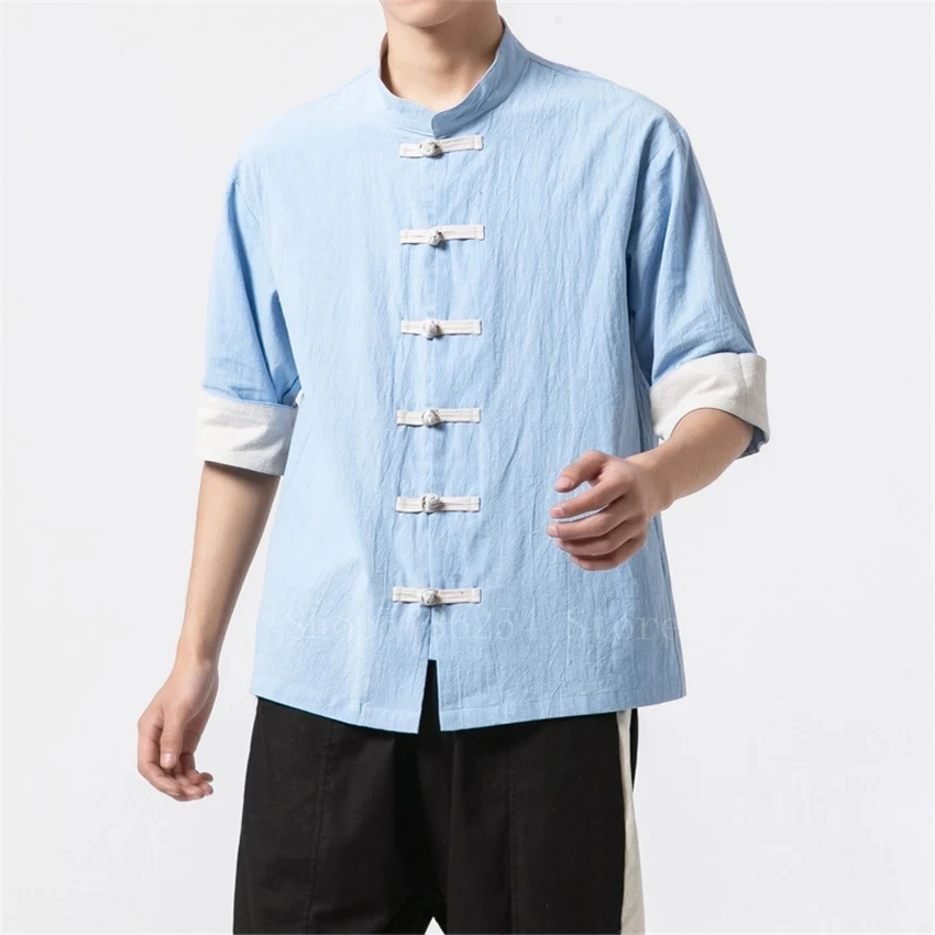 Tang Suit 2021 Short Sleeve Tops Vintage Summer 4Color Hanfu Blouse Shirts Traditional Chinese Clothing for Men Kung Fu | Тематическая