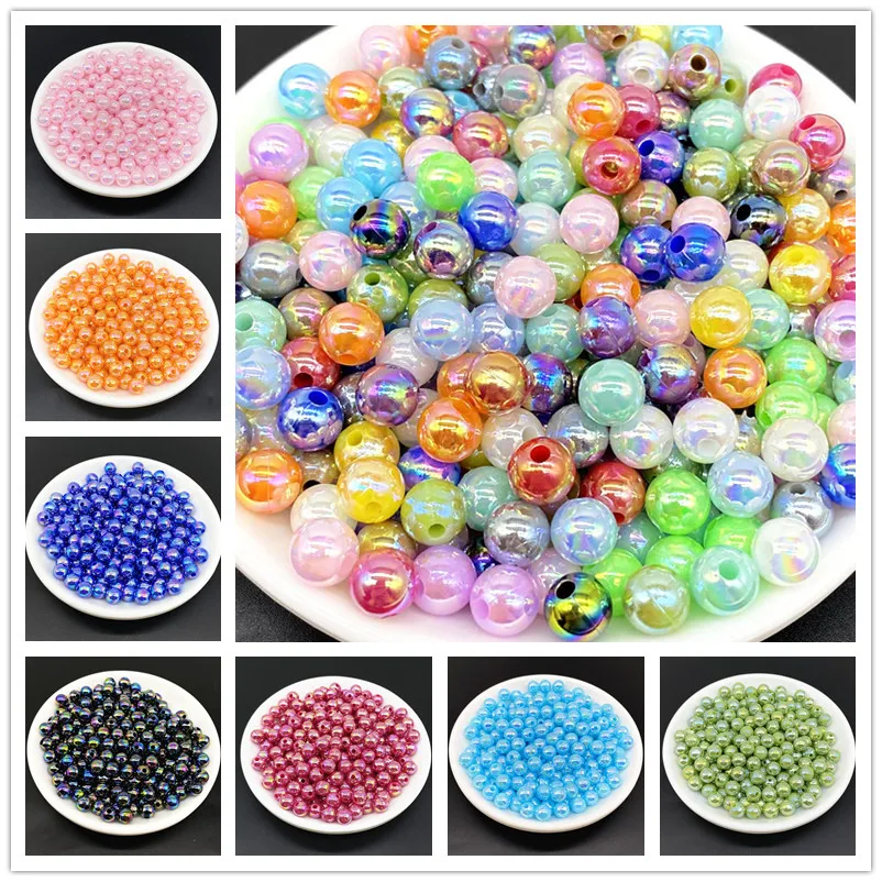 

6 8 10mm AB Color Plating Acrylic Beads Loose Spacer Round Beads Jewelry Making DIY