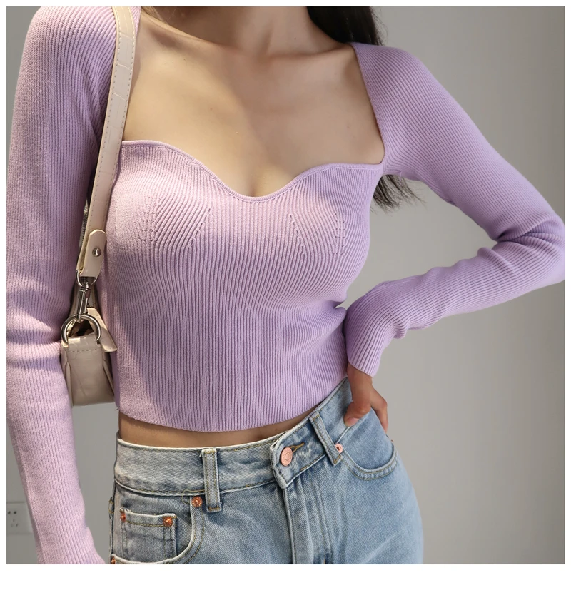 

Women 2021 Fashion Stretch Slim Cropped Knitted Sweater Vintage Heart-shaped Collar Long Sleeve Female Pullovers Streetwear