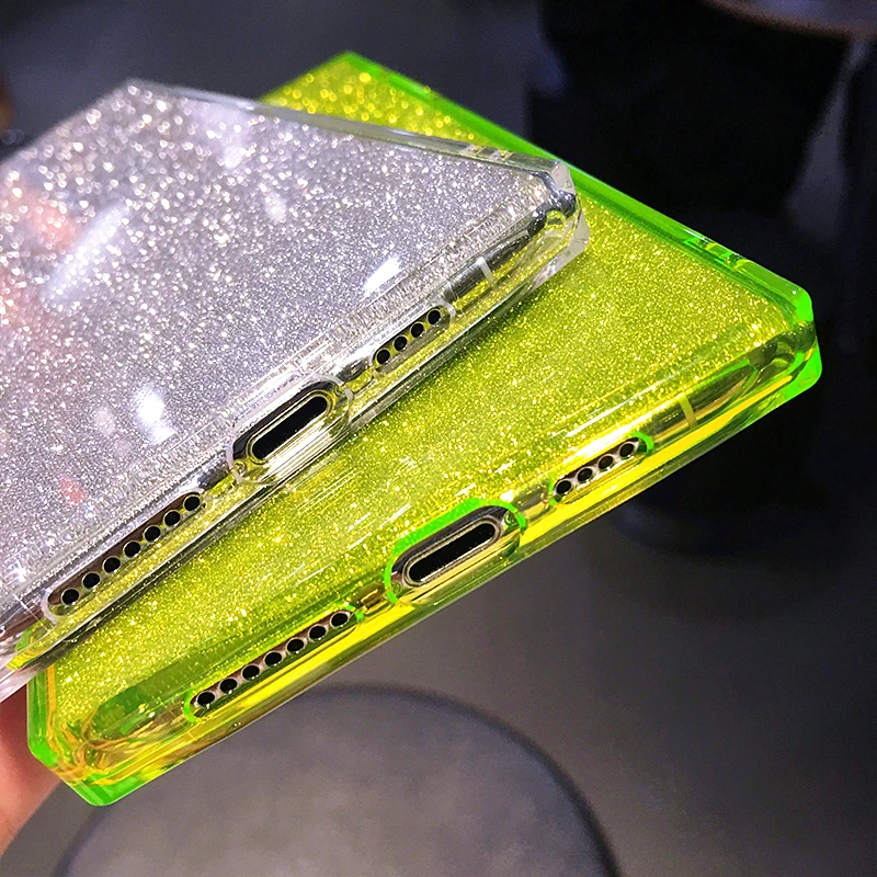 

Luxury Square Fluorescent Color Glitter Phone Case For iphone 11 Pro Max SE X XS Max XR 6 6s 7 8 Plus Transparent Soft TPU Cover