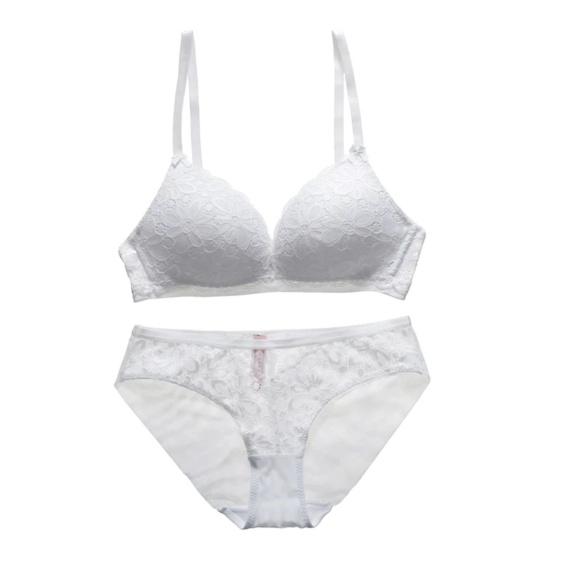 

Women Sexy Lingerie Set Thin Lace No Steel Ring Cotton Cup Bow Gathered Bra + Underwear Set New