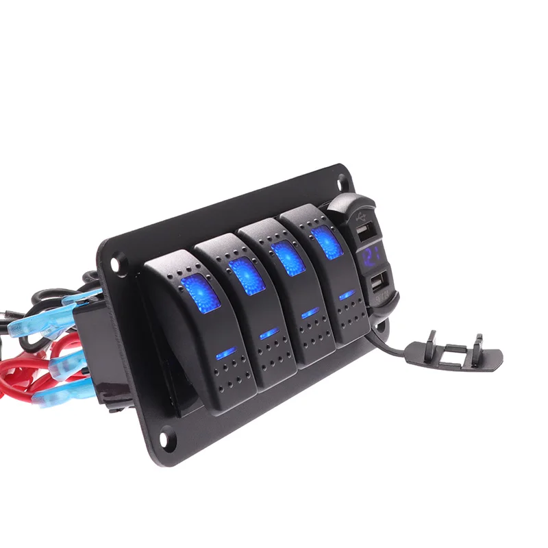 Панель переключателей на 4 группы с двойным USB 12 ~ 24 В синяя светодиодная панель
