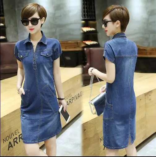 Винтажное джинсовое платье XXXL женское Vestido с отложным воротником Джинсовая