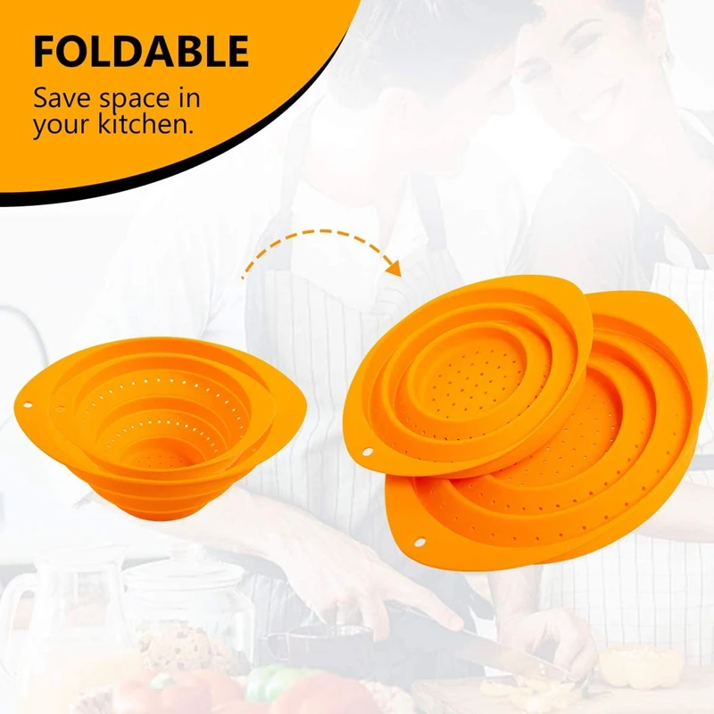 

2 Pcs Collapsible Colanders Round Silicone Kitchen Strainer, Easy for Draining Vegetable and Fruit,2 Sizes (Orange)