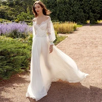 magic awn new lace chiffon boho wedding dresses long puffy sleeves illusion scoop side split princess wedding party gowns 2021