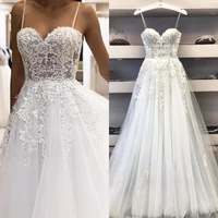 2022 beach sexy a line wedding dress spaghetti straps vintage lace applique sweetheart white tulle mariage long bridal dress