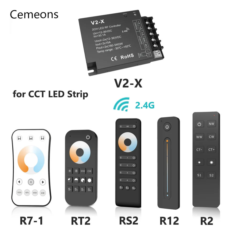 V2-X CCT LED Controller DC 12V 24V 4CH 30A PWM 2.4G RF Wireless Remote Knob Control for WW CW Dual Color LED Strip Light Dimmer