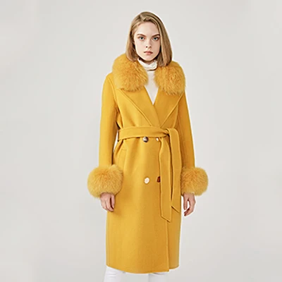Yellow MAOMAOFUR кашемировое шерстяное пальто воротник из натурального Лисьего меха пиджак с манжетами с поясом Зима Осень Женское шерстяное пальто - Цвет: Yellow