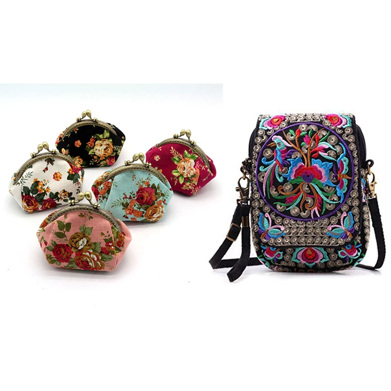 

1Pcs Vintage Printed Handmade Women Mini Crossbody Bag Cellphone Pouch Small Handbag Coin Purse & 1Pcs Wallet,Lady Vintage Flowe