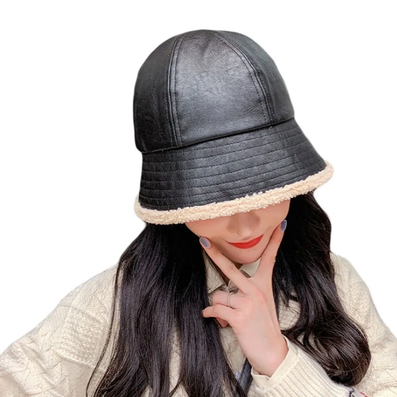 

2020 Autumn Winter Men Women Pu Leather Bucket Hat Female Japanese Fashion Fisherman Hat Boys Girls Warm Plus Velvet Panama Hot