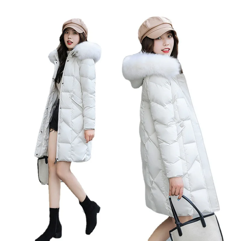 Женский пуховик средней длины повседневный толстый с капюшоном и воротником из