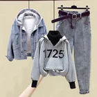 Женский джинсовый пиджак, топ с принтом и брюки, повседневный комплект из трех предметов, модель X540, Осень-зима 2022