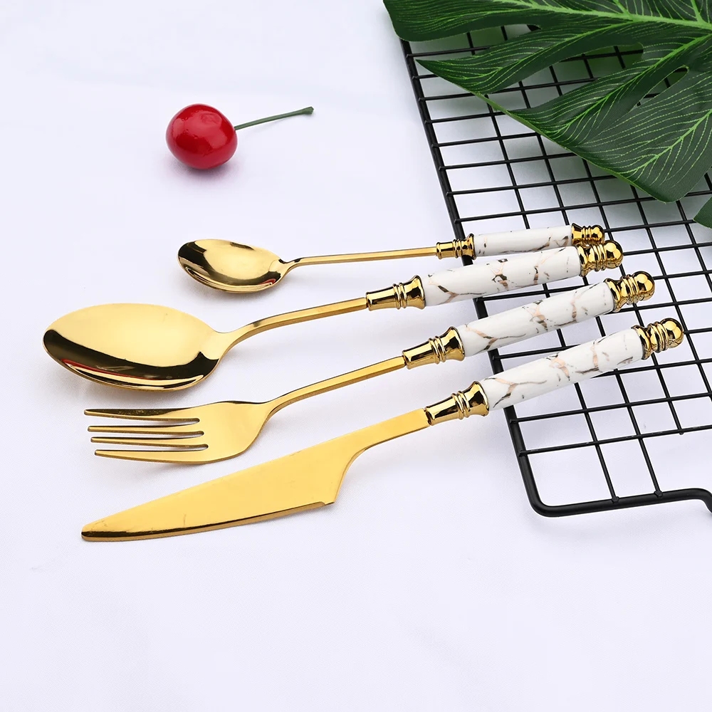 Marble & Gold Mirror Finishing Dining Cutlery Set - Knife, Fork & Spoon Flatware
