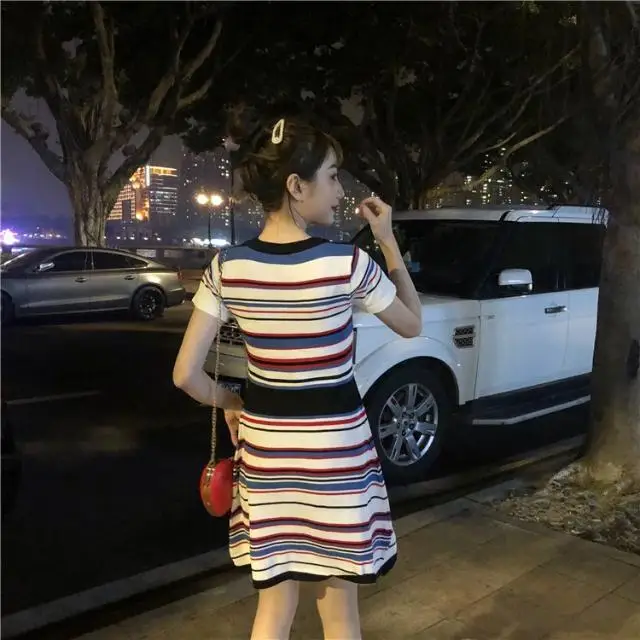

2021 summer new women's dress short sleeve striped round neck base A- line skirt Korean chic slim hip skirt
