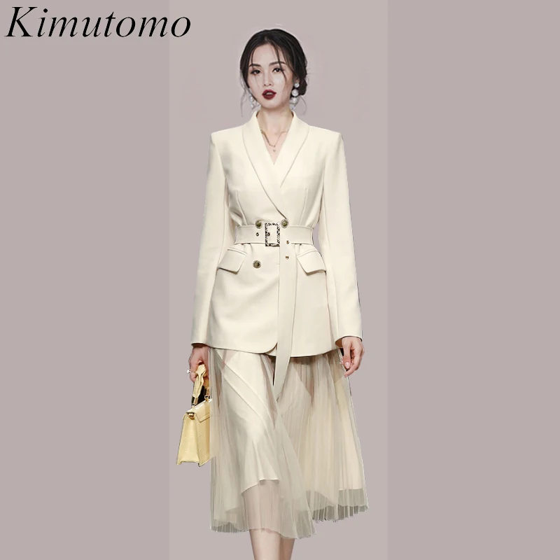 

Kimutomo Korea 2021 Early Autumn Women Sets Temperament Ladies Apricot With Sashes Suit Jacket Suspender Lace Skirt Two-Piece