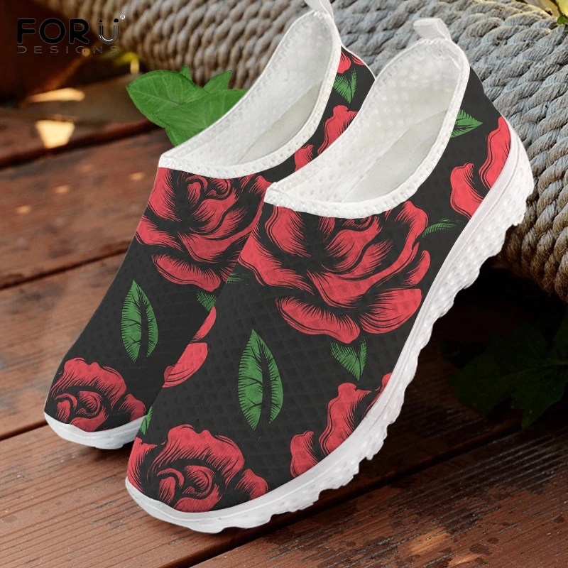 

FORUDESIGNS Beautiful Pink/Red Rose Print Women Flats Shoes Breathable Lightweight Ladies Summer Outdoor Sneakers Casual Shoes