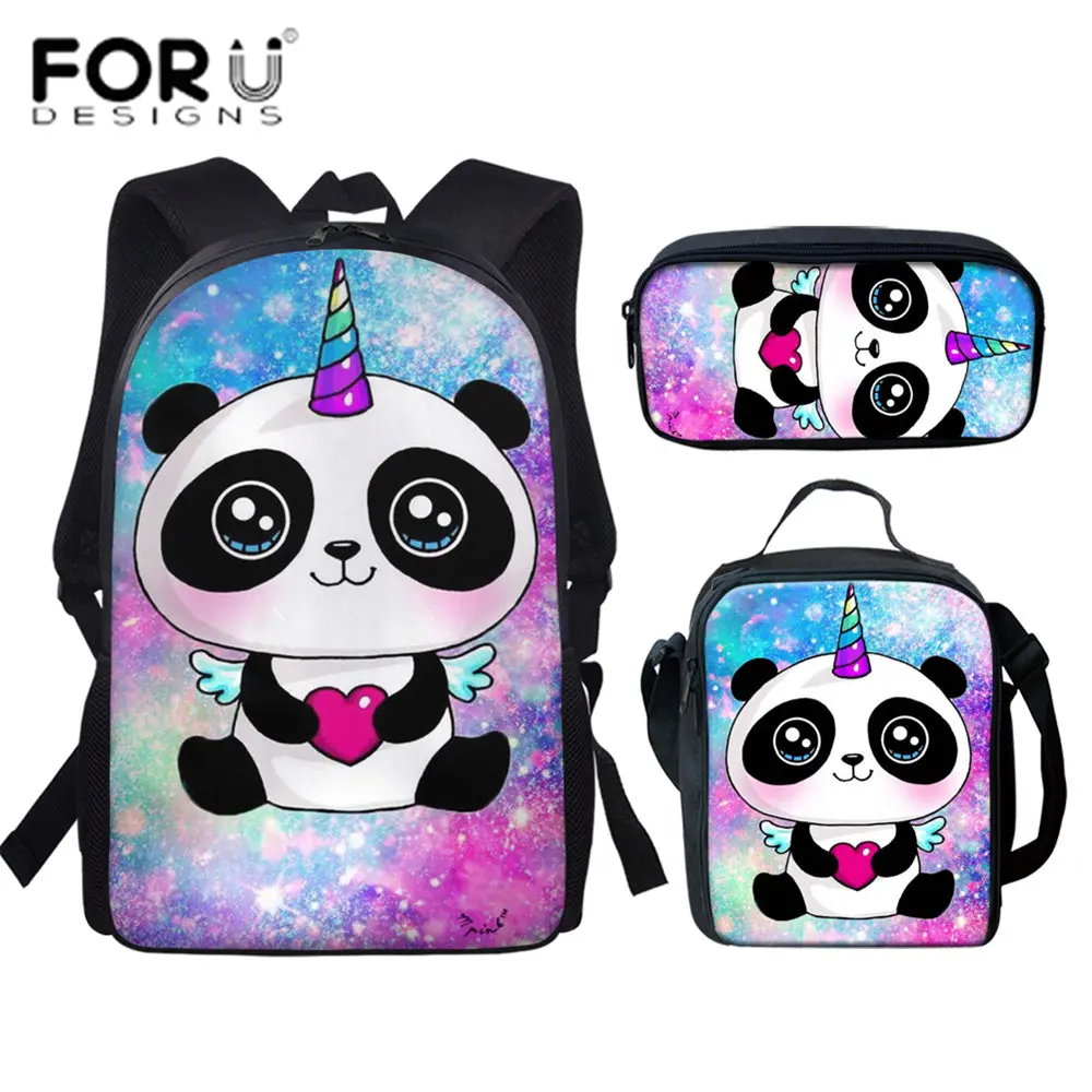 Комплект школьных рюкзаков для студентов FORUDESIGNS, 3 шт., модные дизайнерские сумки с изображением героев мультфильмов, панды, брендовые высок...