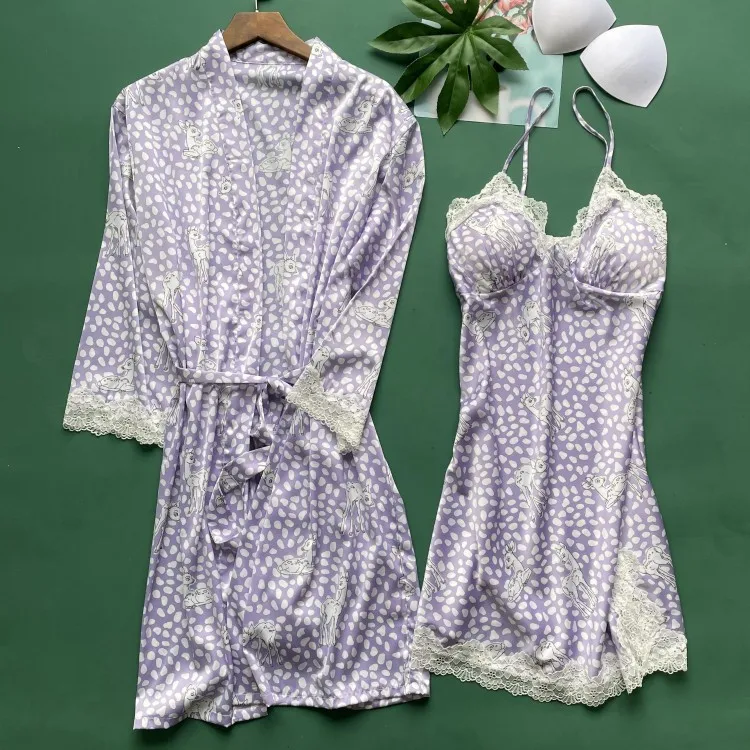 

Women Pink Robe Set Sexy Lace 2PCS Sleepwear Satin Silky Sleep Set Female V-neck Nighty&Robe Set Casual Kimono Gown Homewear