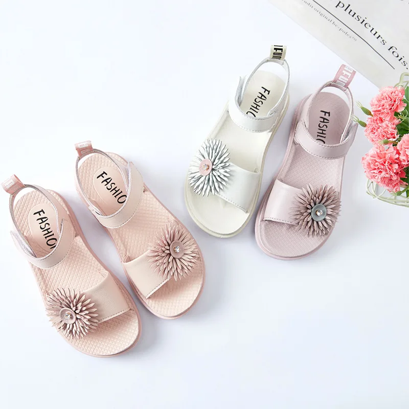 

Kids Sandals 2021 Summer Girls Fashion Genuine Leather Princess Sandals Children Beach Flats Soft Sole Flower Solid Baby Shoes