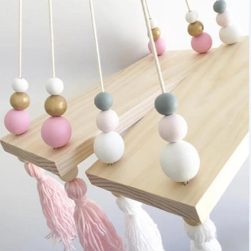 

Bedroom Decoration Wall Hanging Ornaments Tassel Beads Pendant Wooden Board Storage Shelf Rack Photo Props Child Kid Room Home