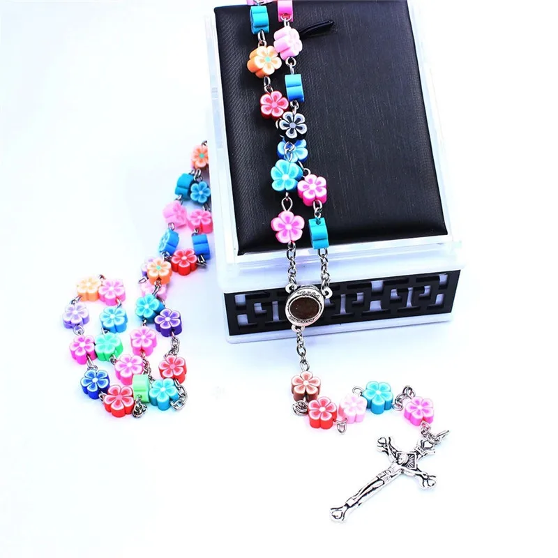 Religious Flower Aryclic Beads Women Polymer Clay Cross Rosary Necklace |