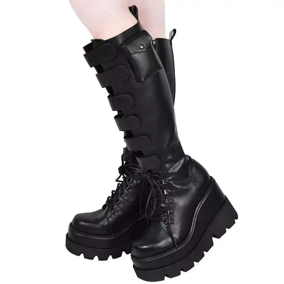 

Plus Size 43 Women's High Platform Boots Goth Cosplay Punk Metal Buckle High Heels Boots Lolita Anime Wedges Shoes