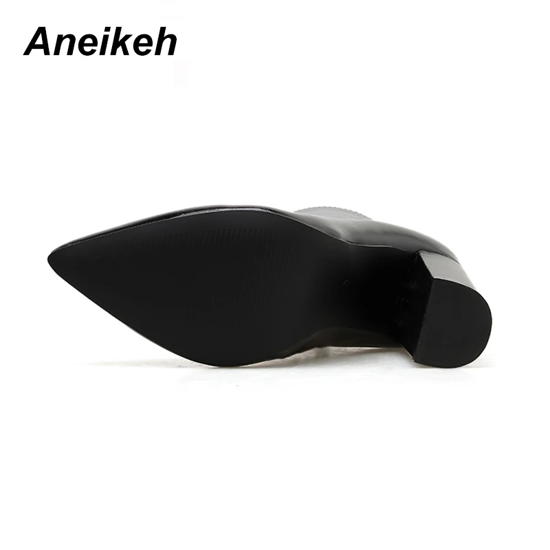 Aneikeh 2021 New Spring/Autumn Fashion PU Chelsea Ankle Boots Pointed Toe Zip Women's Party Thick Heel Shallow black 35-40 | Обувь