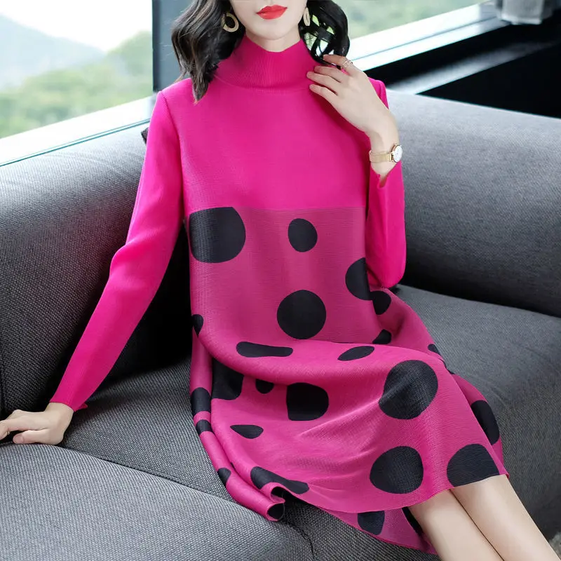

2022 New Autumn Winter Women Folds Sweater Dress Loose Turtleneck Knitted Long Sleeve Polka Dot Fashion Female Pullover Y458