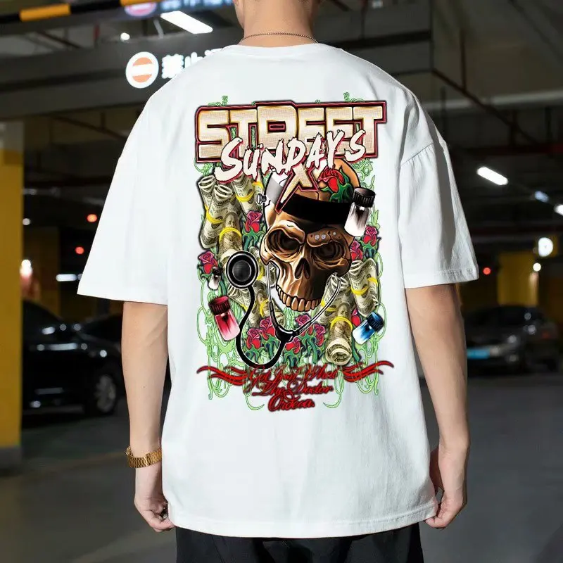 

Summer men's plus size skull print hip-hop Harajuku loose trend cotton short-sleeved T-shirt