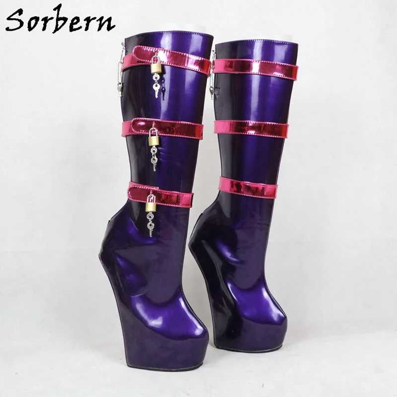 Sorbern Purple Custom Wide Calf Boots Women Red Straps Lockable Keys Sexy Fetish Boots Bdsm High Heel Womens Ladies Boots