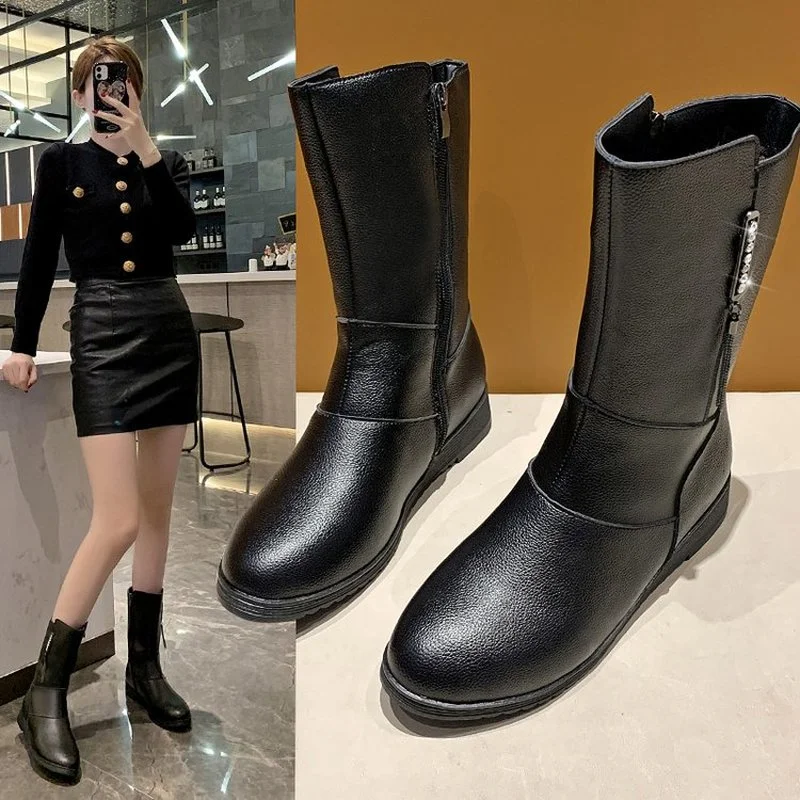 

Winter European Martin Boots Long High Boots Black Platform Women's Fashion Boots Side Zipper Rhinestone Sequined Women's Shoes